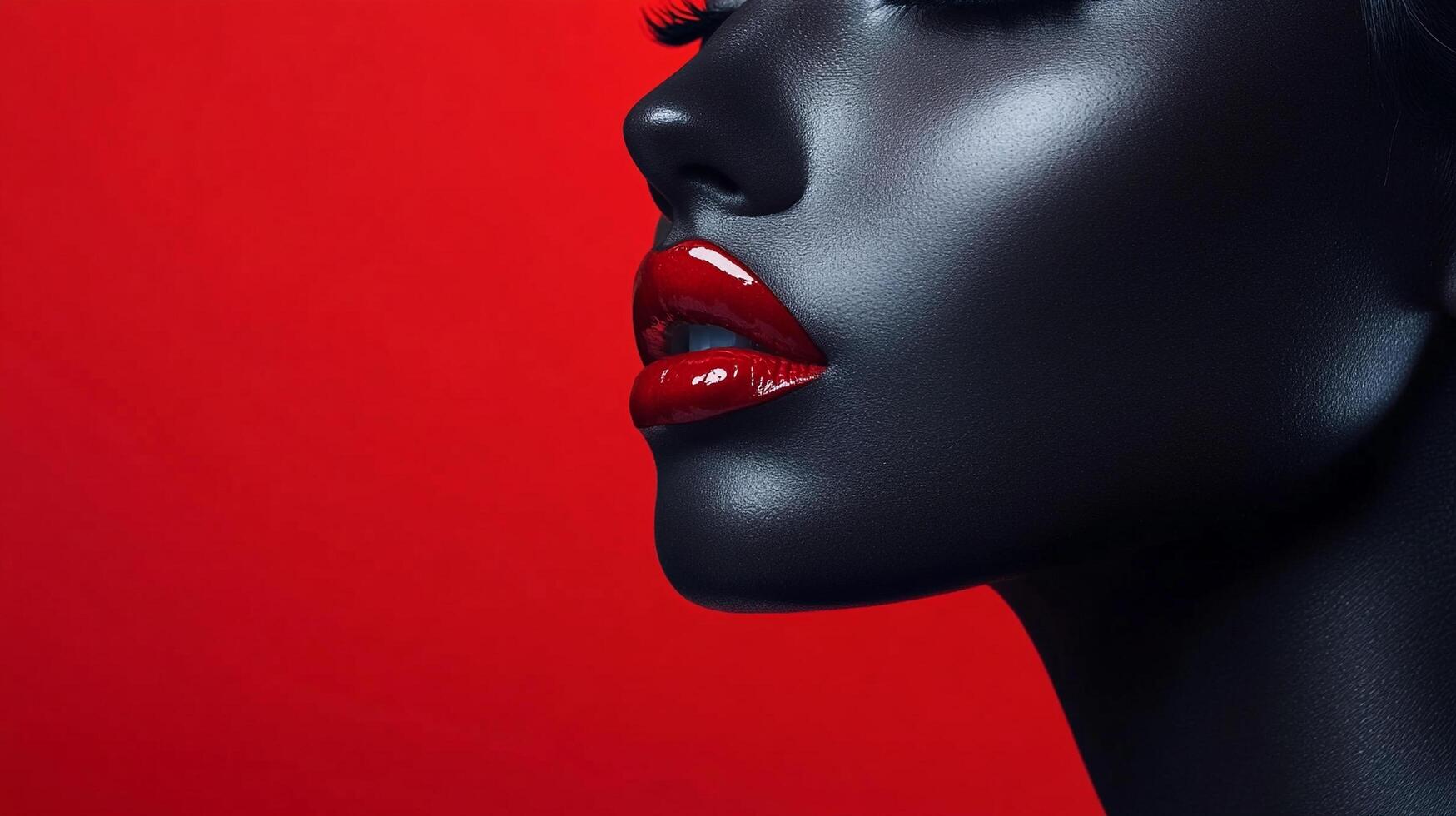 Striking portrait with stark contrast between deep skin tone and vivid red lips against a bold, saturated red backdrop. Bold and vibrant. photo