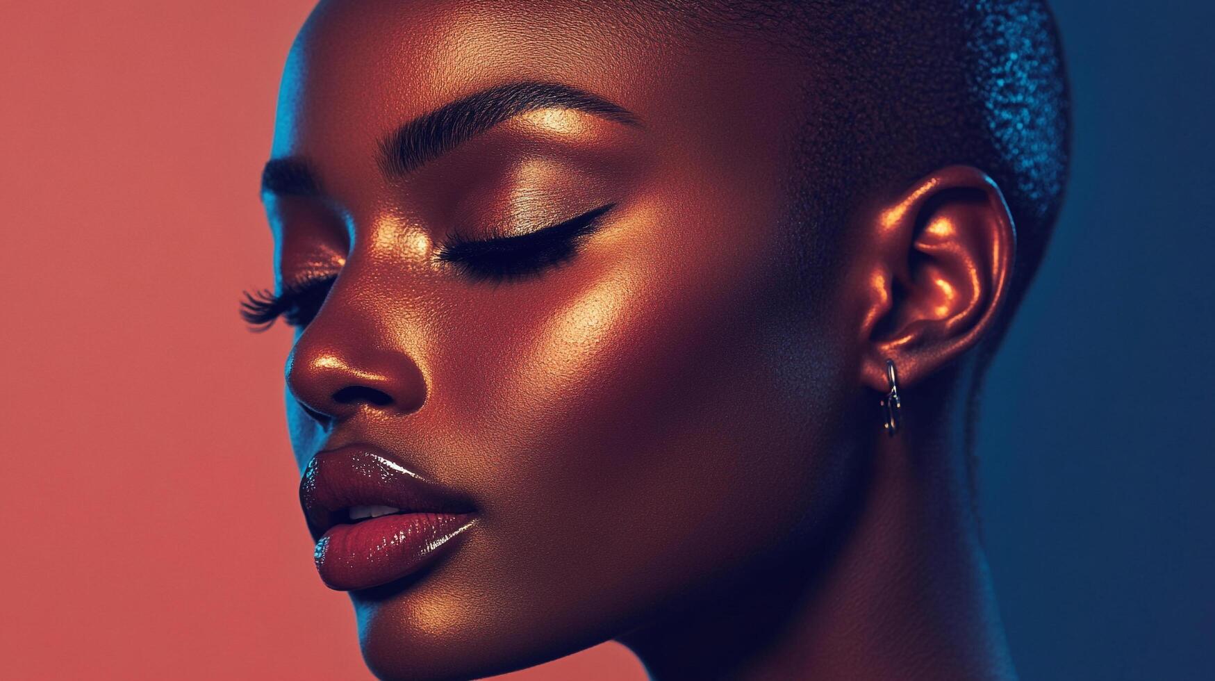 Portrait of an elegant woman with glowing skin and short hair, exuding confidence and style in a vibrant, high-fashion setting. photo