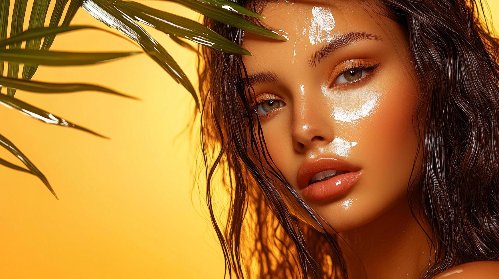 Radiant woman with a luminous complexion and glossy finish, framed by lush tropical foliage against a warm sunny backdrop. photo