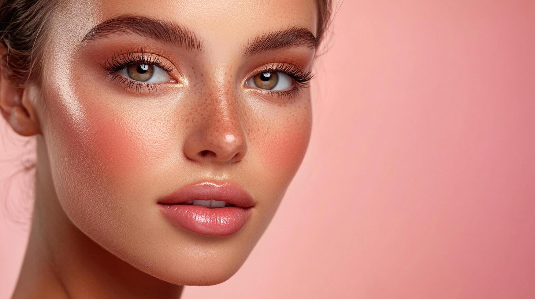 Close-up shot of a model with freckles, glossy lips, and flawless skin with rosy cheeks on a pink background, showcasing professional makeup. photo