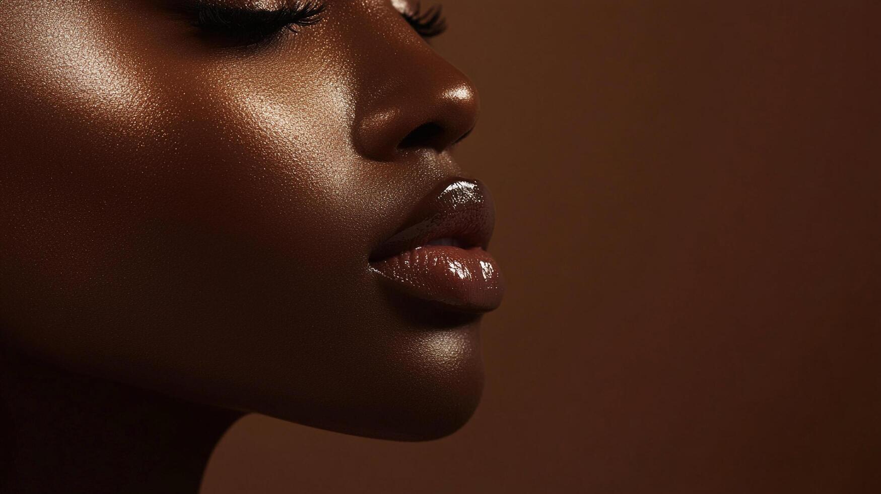Close-up of face with glossy skin and lips, showcasing beauty and skincare with warm brown tones and subtle highlights. photo