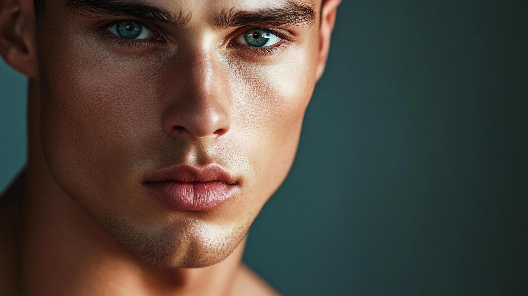 Close-up portrait capturing the sharp features and striking blue eyes of a handsome man with glowing skin against a neutral backdrop. photo