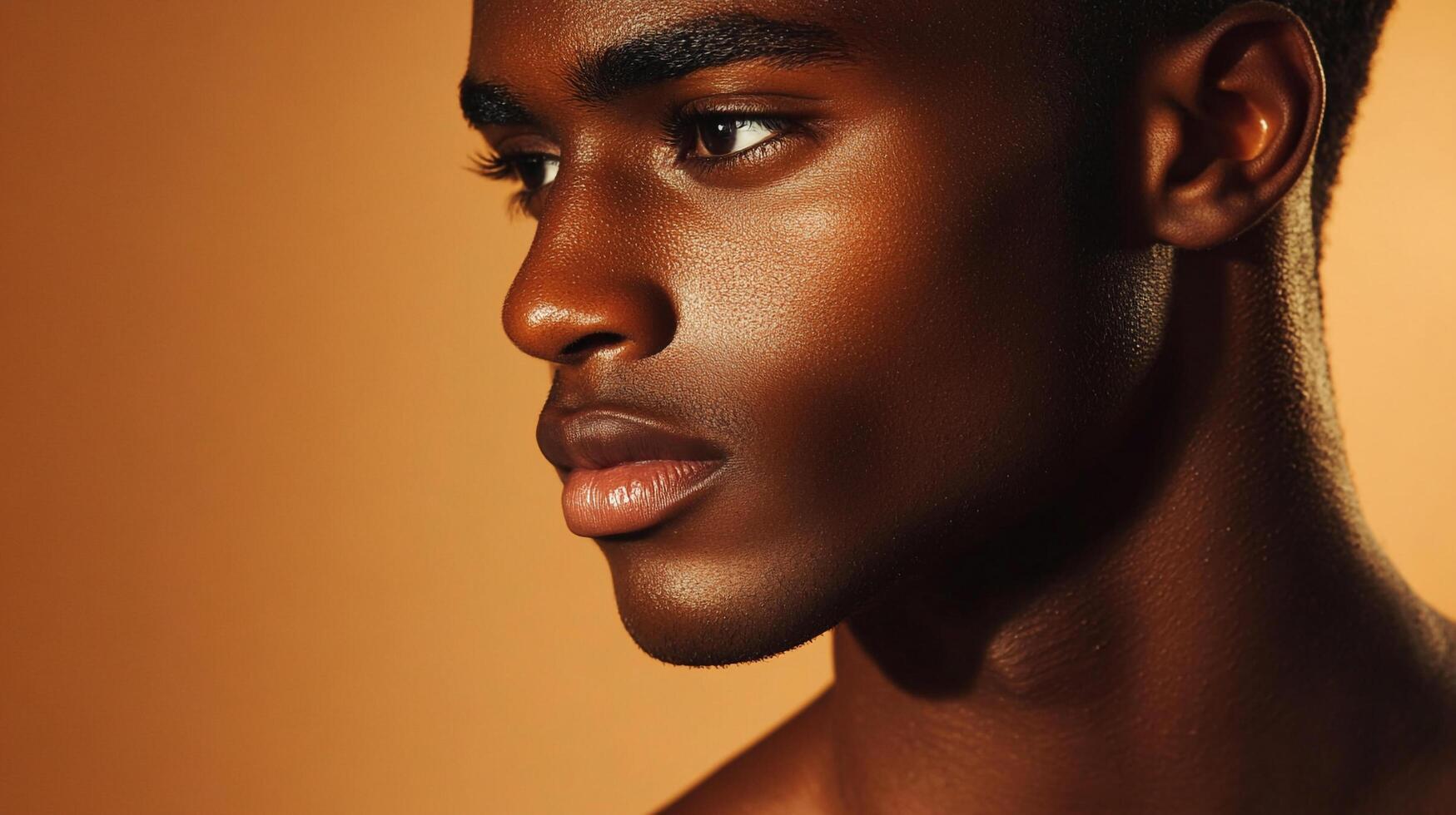 Striking profile of a young man with glowing skin in warm lighting, showcasing natural beauty and serene confidence. photo