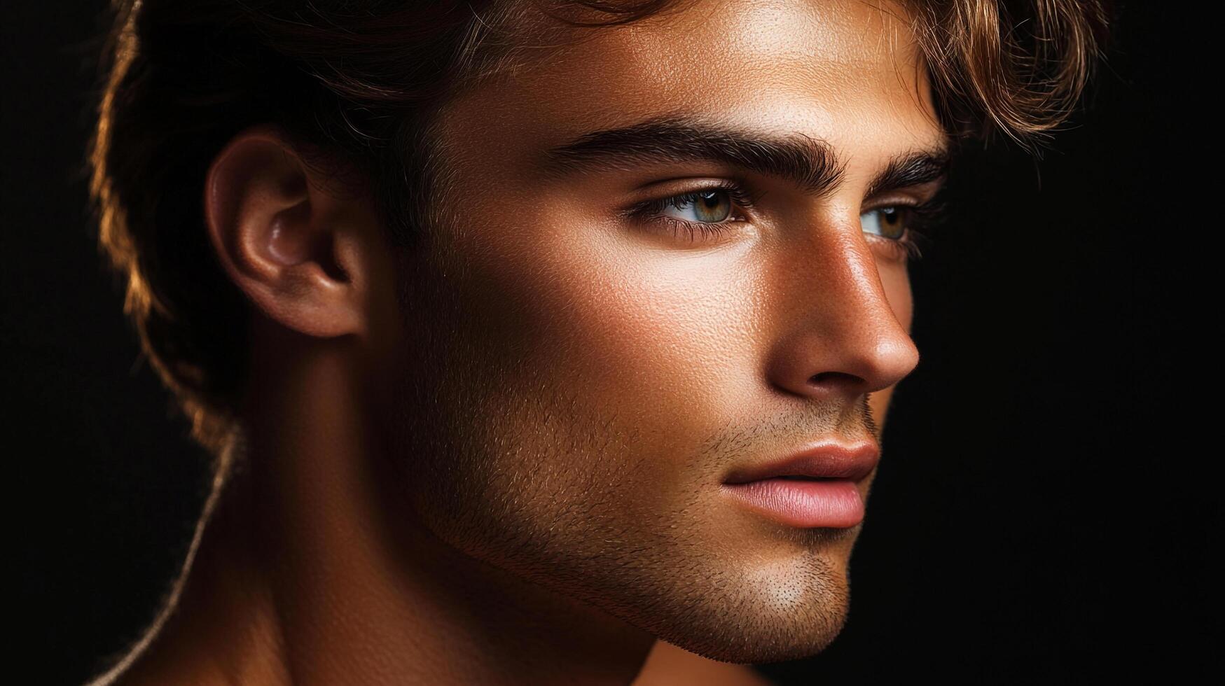 Striking profile of a young man with radiant skin and a confident gaze against a dark backdrop, creating a captivating portrait. photo