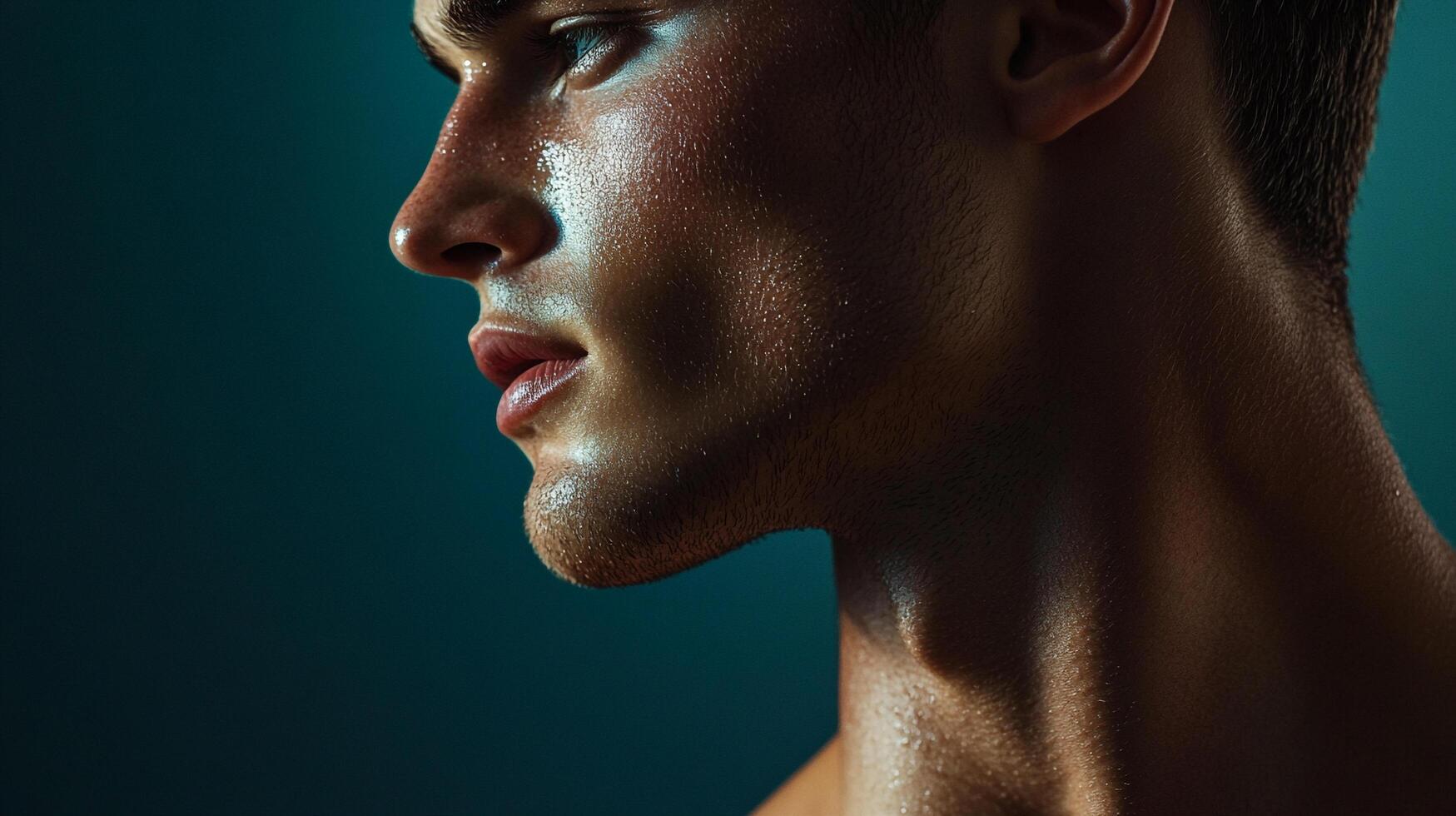 A profile shot of a man with sweat on his face, showcasing determination. The lighting emphasizes the contours of his face and neck. photo