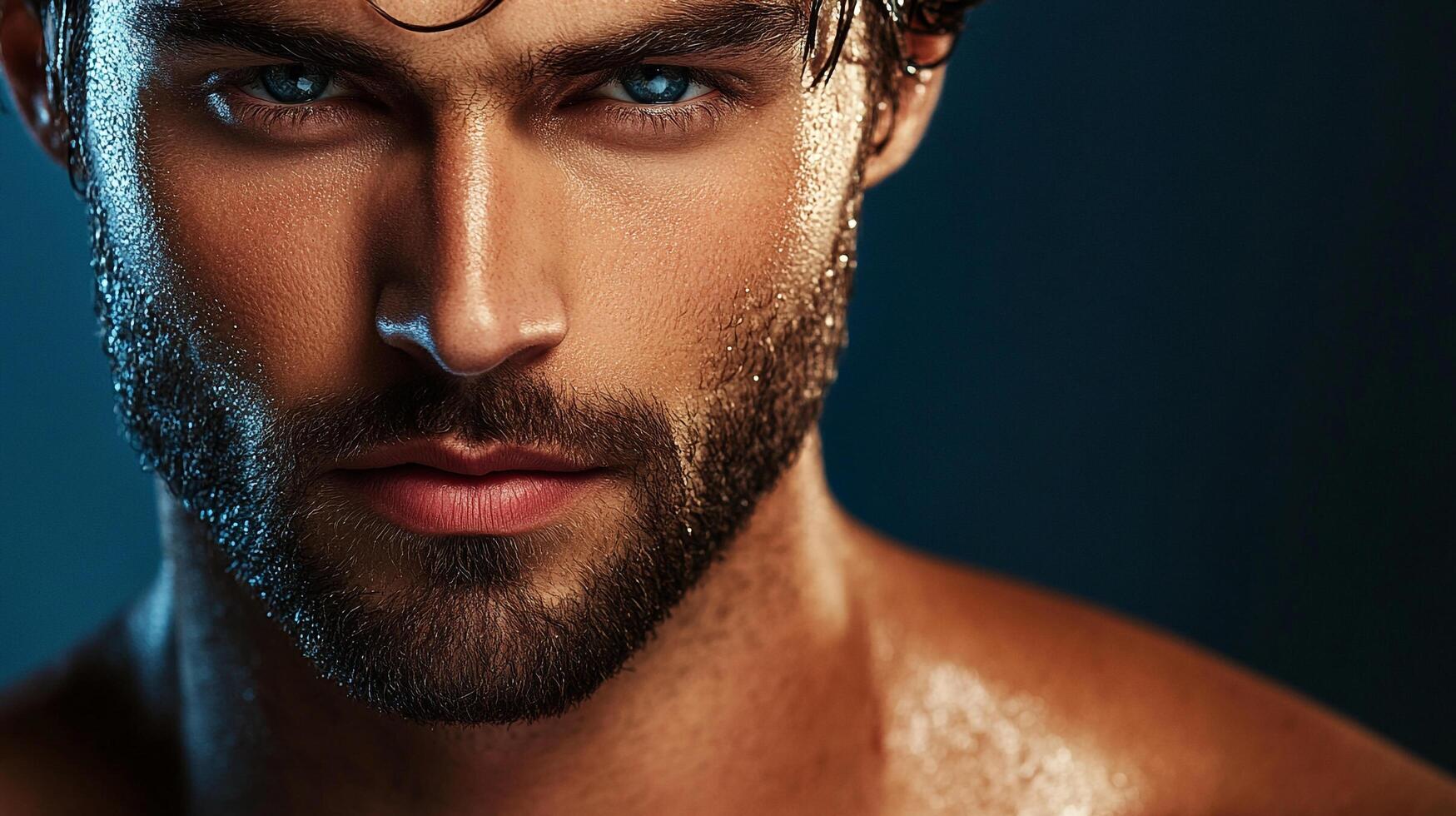 Close-up studio shot of a handsome man with a beard. He has blue eyes, wet hair and skin, and is looking intently towards the camera. photo