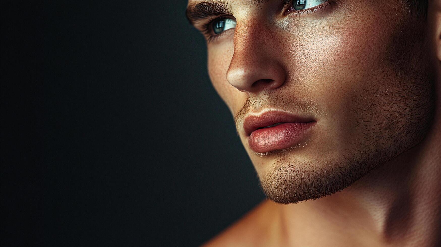 Close-up portrait of a handsome man with blue eyes and freckles, looking to the upper left against a dark background in a pensive mood. photo
