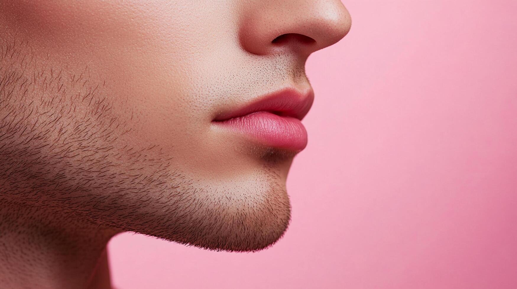 Close-up profile of a male face against a soft pink backdrop showcases clean skin, pink lips, a small amount of facial hair, and good lighting. photo