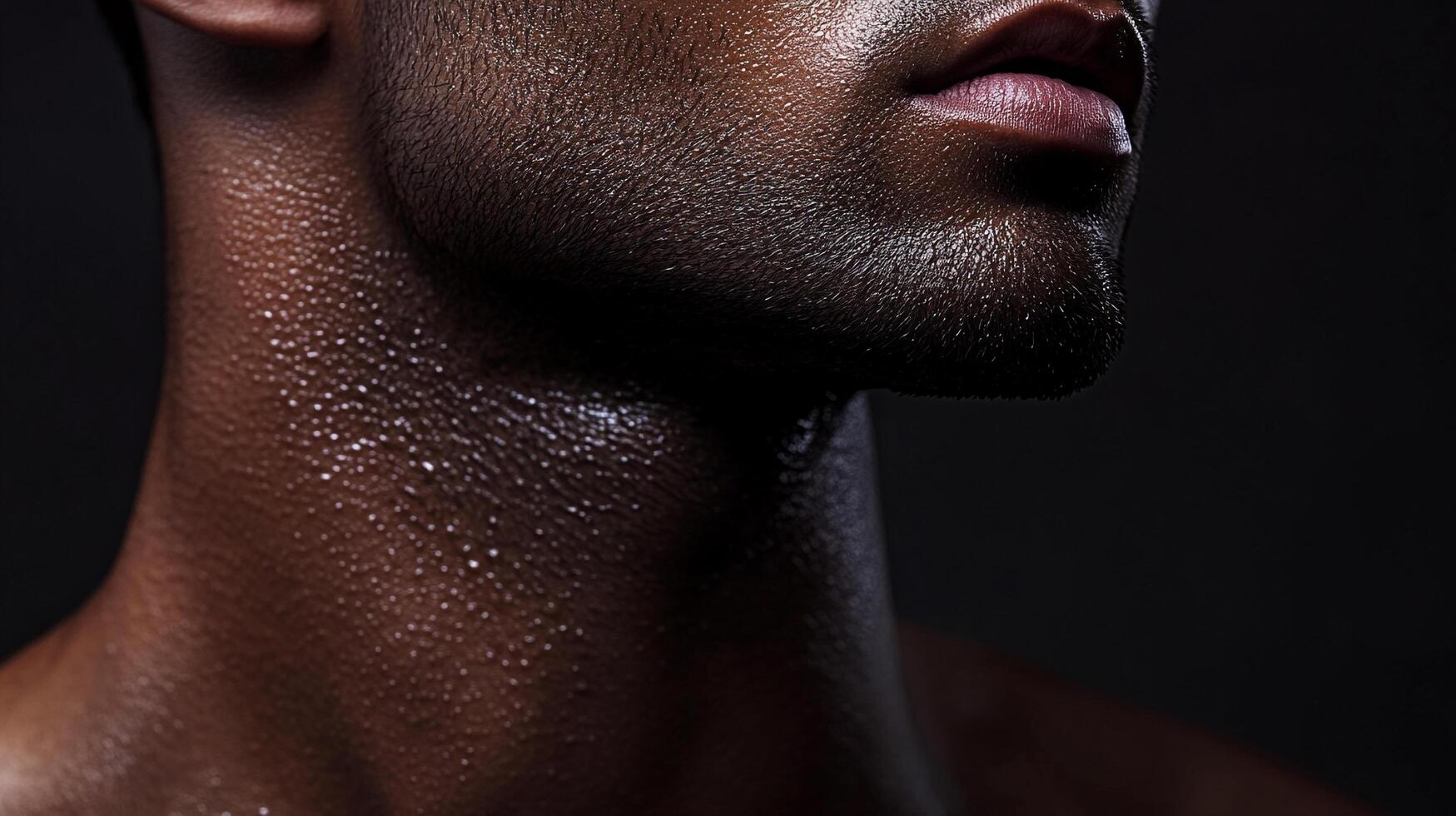 Close-up of a man's neck and upper chest covered in sweat droplets, possibly after a workout or due to heat. Dark background enhances detail. photo