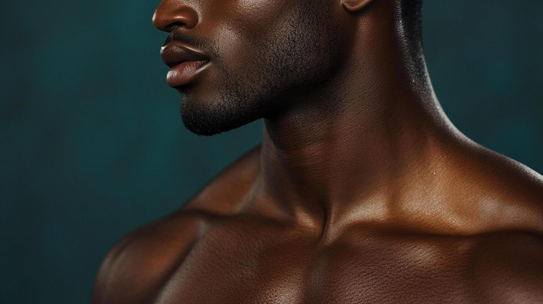 Striking portrait of a man with a sleek, glistening physique against a serene background. The perfect depiction of health and fitness. photo
