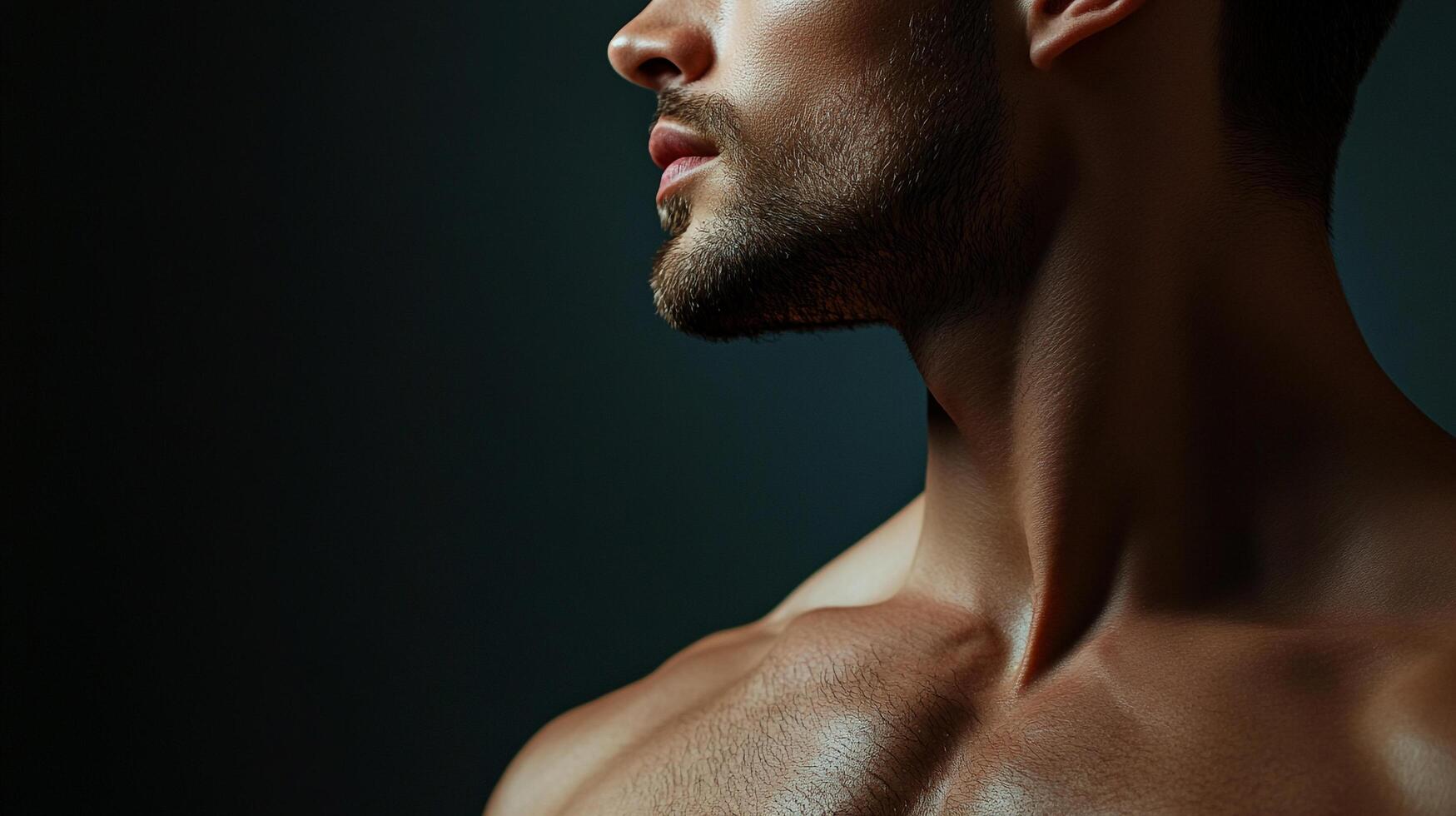 Portrait of a man in a side angle showing his muscular physique, emphasizing strength and masculinity in a modern and artistic style. photo