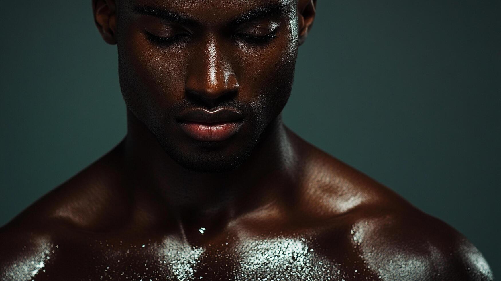 A close-up shot features a man with dark skin, eyes closed, and a serene expression. Focus on skin texture, tone and contemplative mood. photo