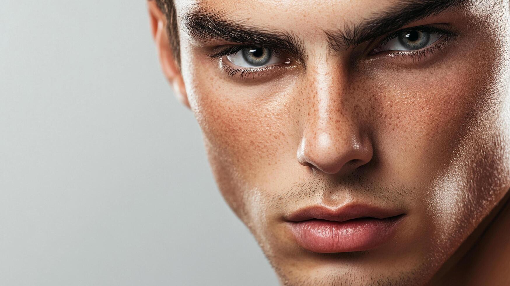 A close-up shot of a man's face with freckles, captivating eyes, and defined features, showcasing natural beauty in high definition. photo
