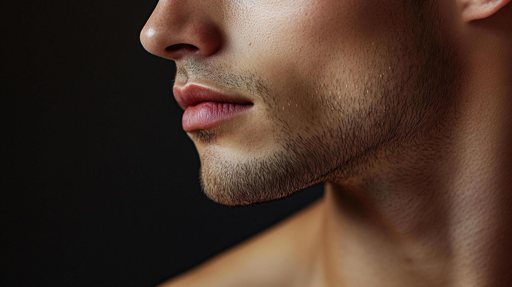 Close-up profile of a man's face against a black background. Focus is on his lips, beard, and jawline, highlighting grooming and skincare. photo