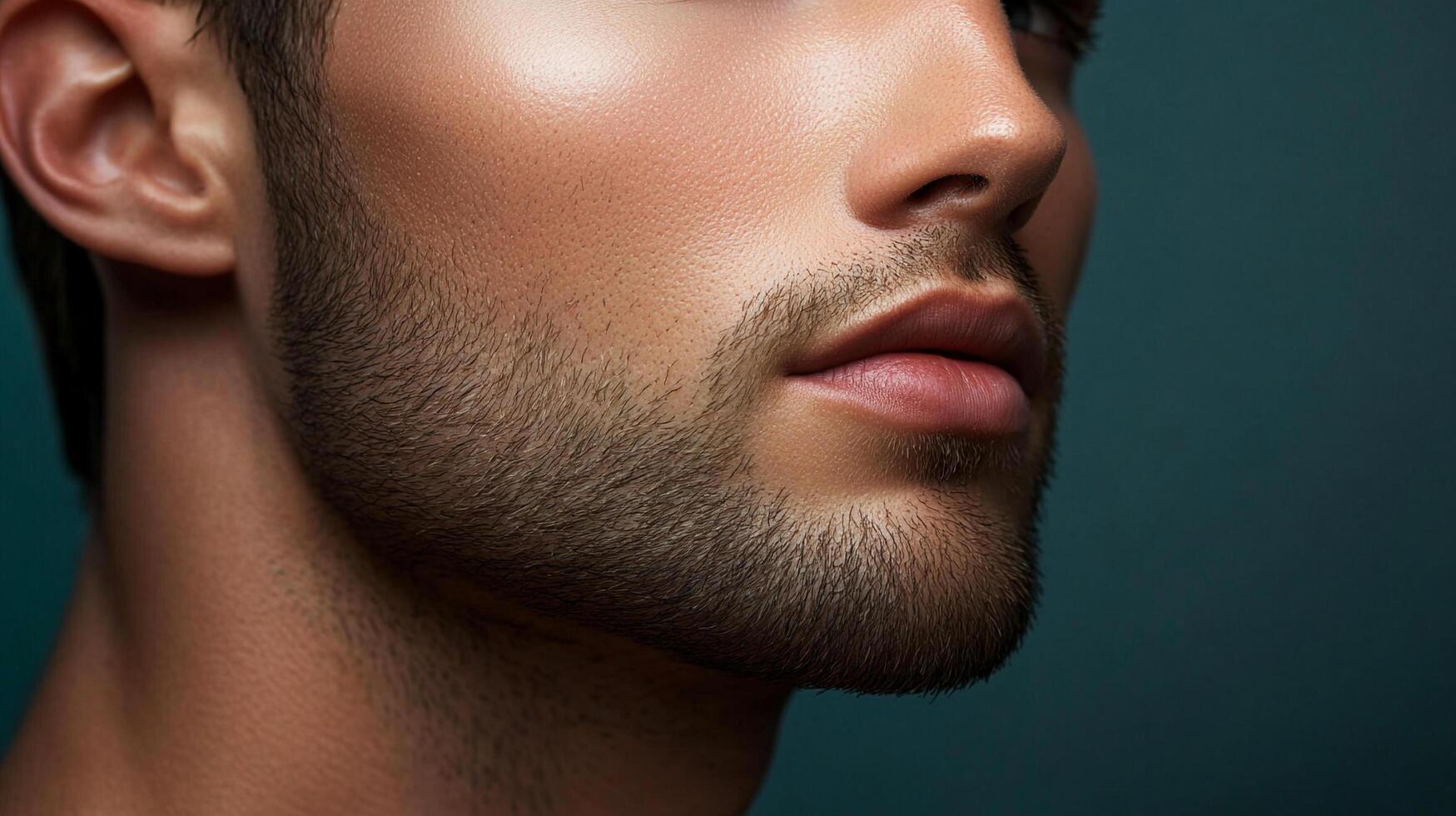 Close-up of a stylish, handsome man with a well-groomed beard and radiant skin. He poses against a dark teal background, creating a striking contrast. photo