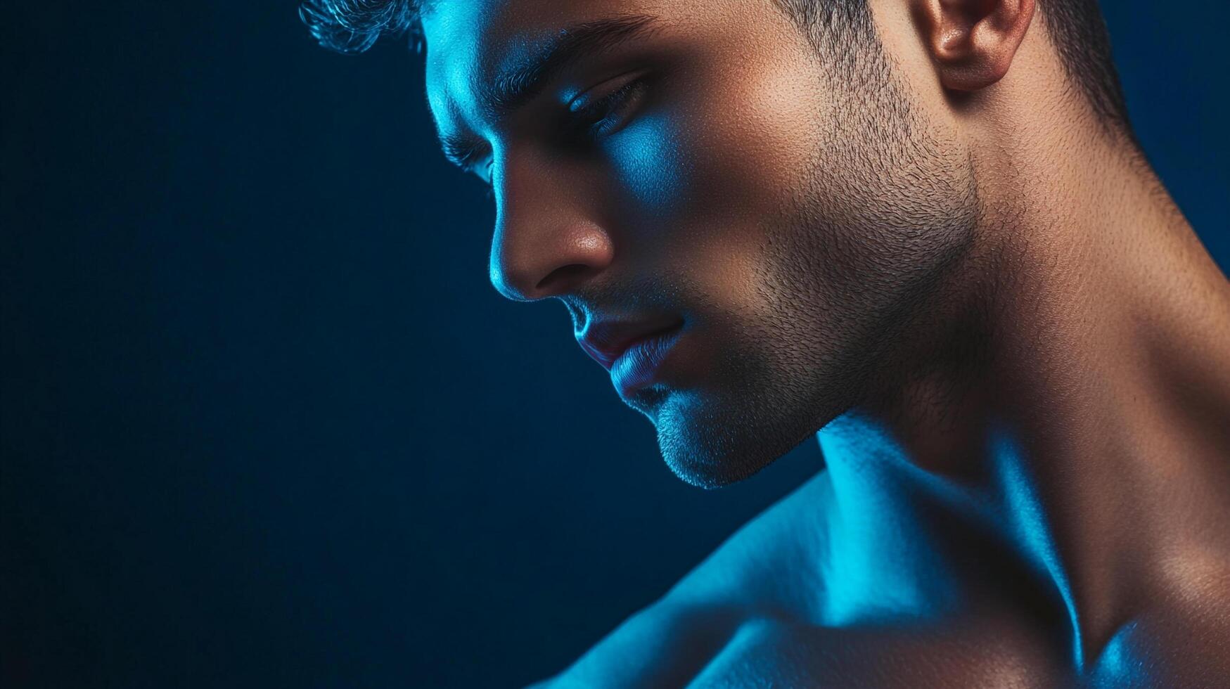 Close-up of a handsome man's face and shoulders bathed in vibrant blue light. The moody lighting highlights his features and skin tones. photo
