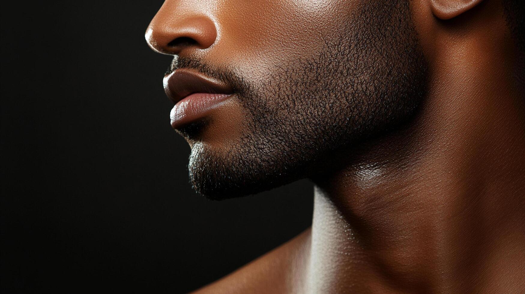 Striking profile portrait of a handsome person, featuring a neat dark beard, and warm lighting against a dark background. photo