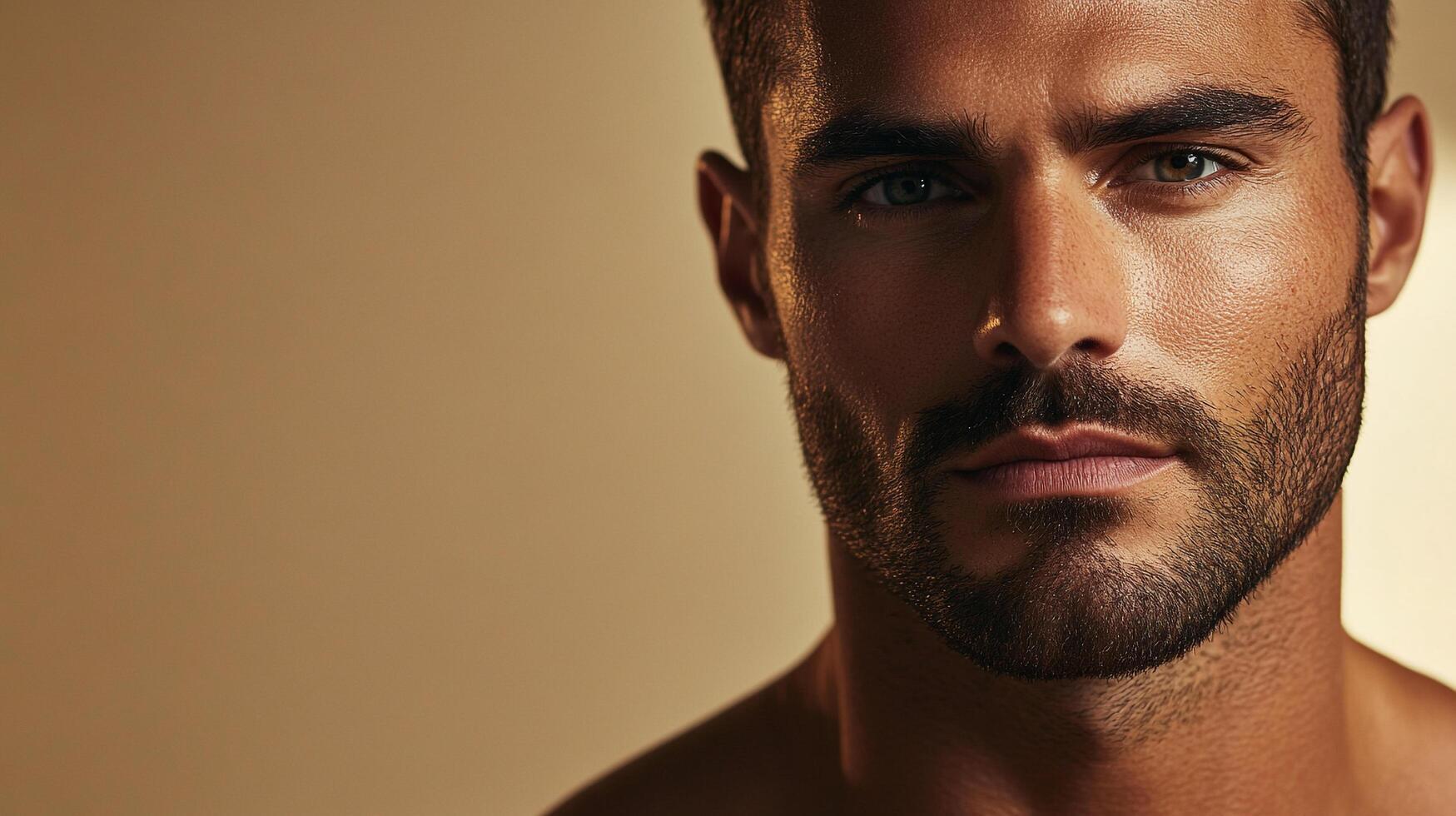 Close-up of a handsome man with a confident gaze and short dark hair, highlighted against a warm-toned, neutral studio backdrop. photo