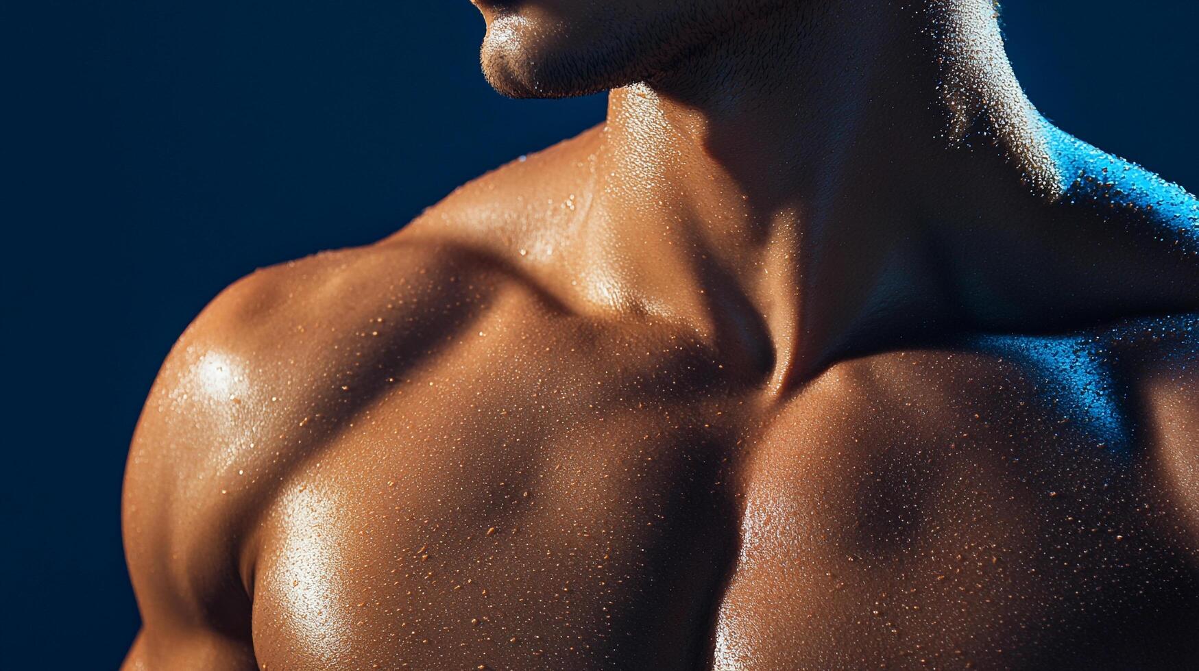 A striking close-up captures the sculpted physique of a muscular torso, highlighted by a sheen of perspiration against a dark, moody backdrop. photo