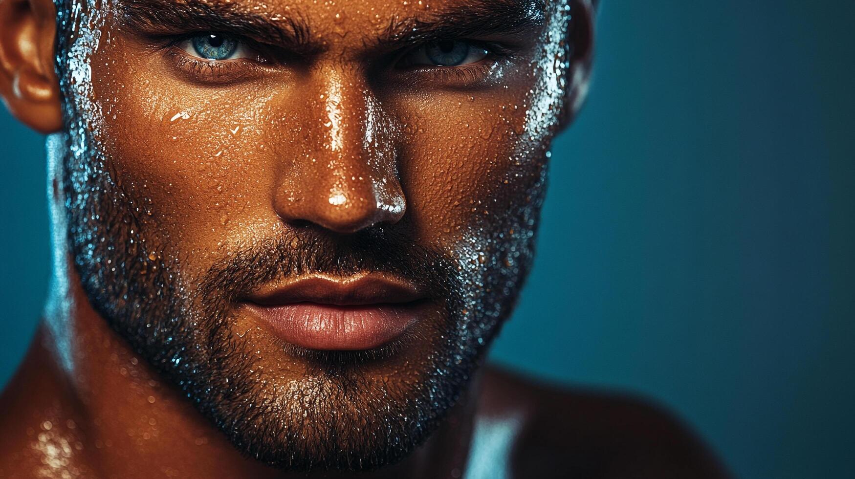 Intense portrait of a tanned, muscular man with striking blue eyes, covered in water droplets. High contrast lighting highlights his features. photo