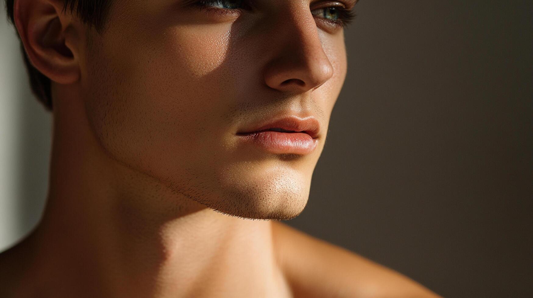 Portrait showcasing a fair-skinned man with green eyes, bathed in natural light, looking towards the right side of the frame. photo