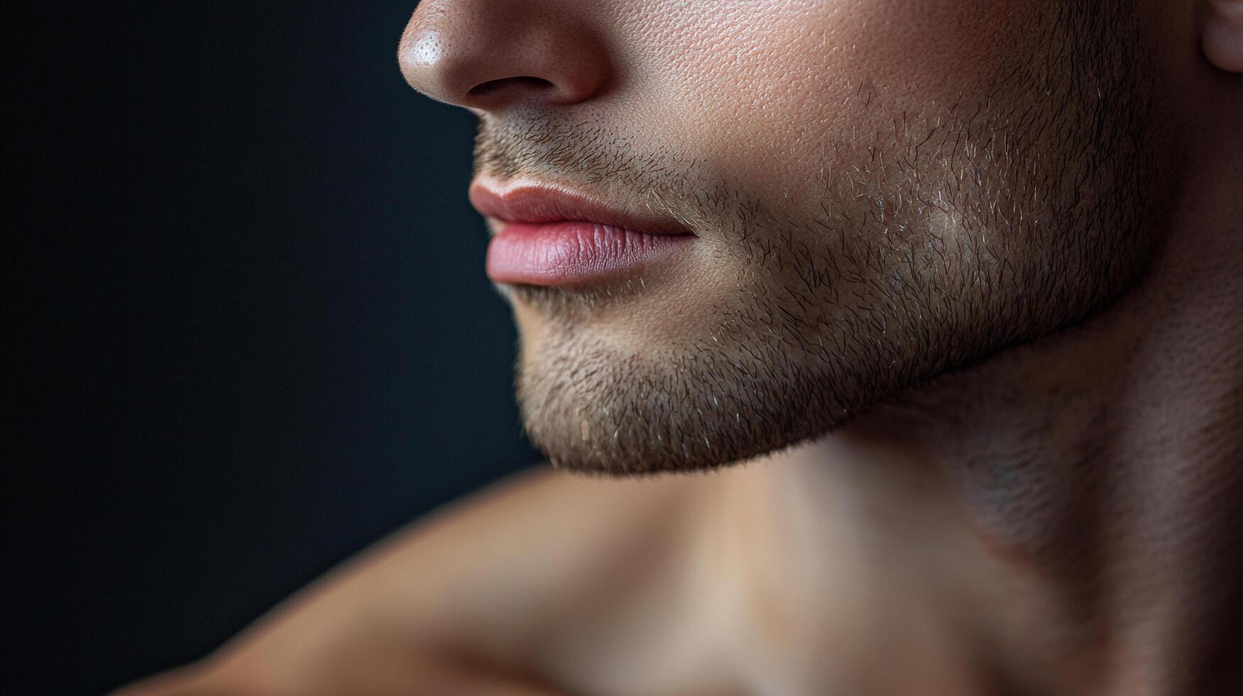 Close-up of a man's profile showcasing his lips, nose, stubble, and neck, highlighting the details of his face and grooming. photo
