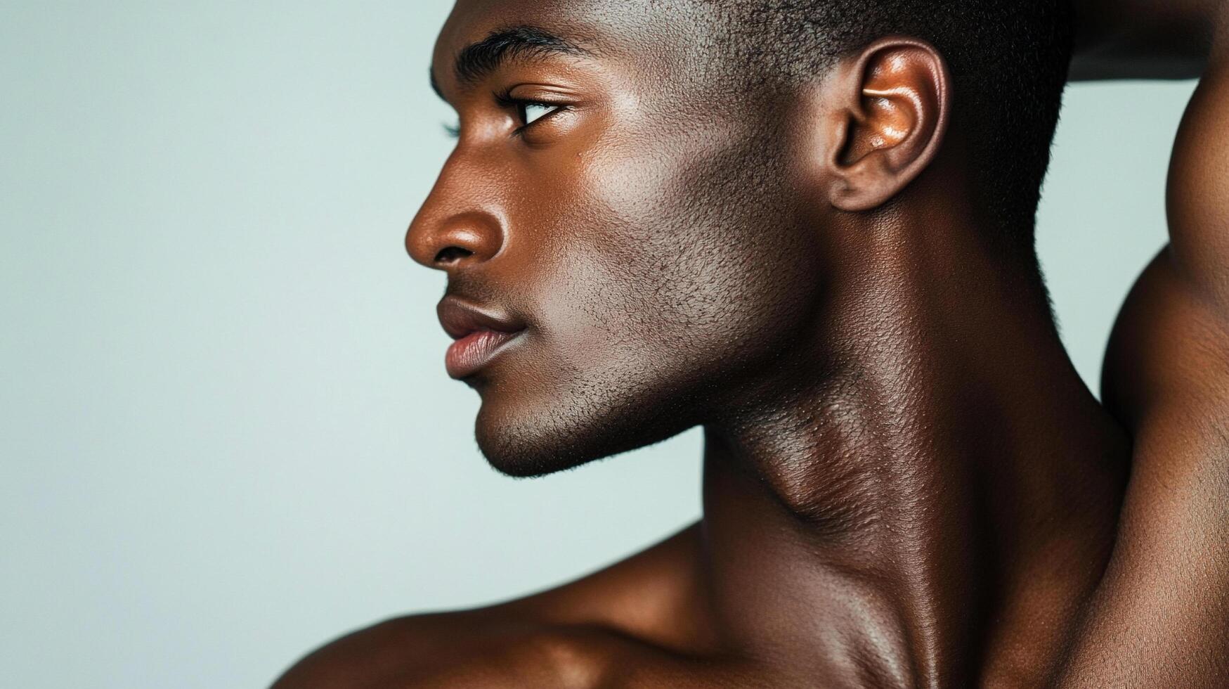 A striking close-up of a dark-skinned male model showcasing his sharp features and flawless skin against a soft background. Classic beauty. photo