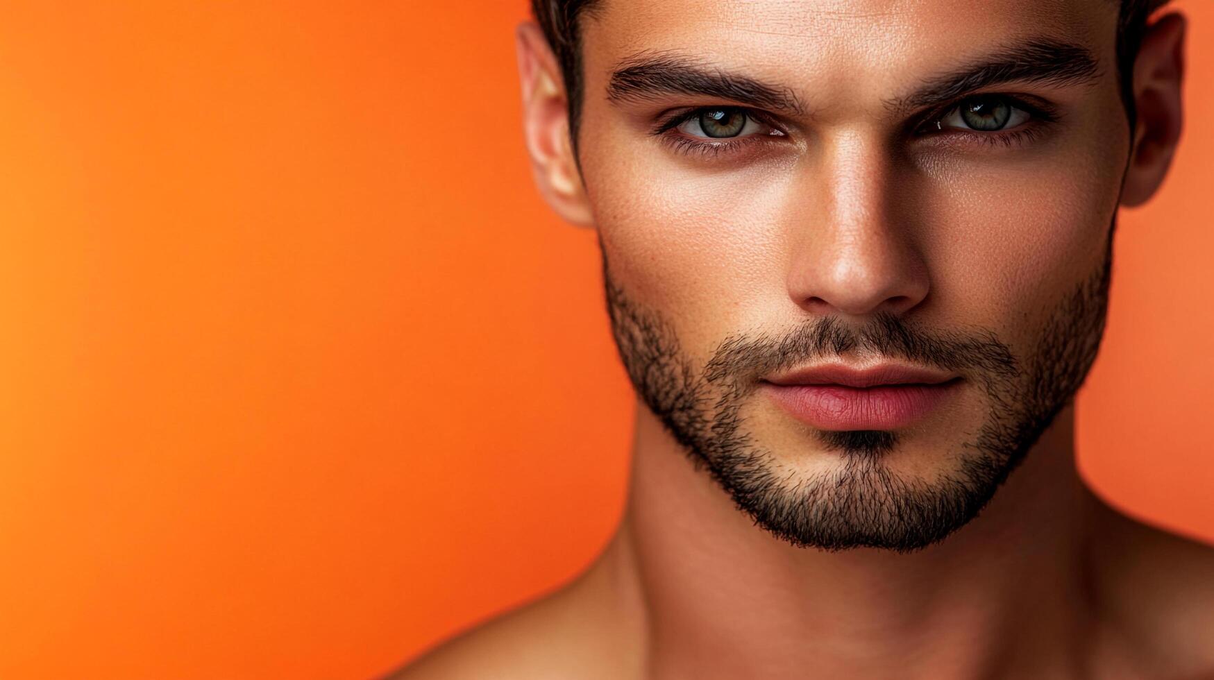Close-up portrait of a handsome man with striking eyes and a well-groomed beard against a vibrant orange backdrop. Masculine beauty. photo
