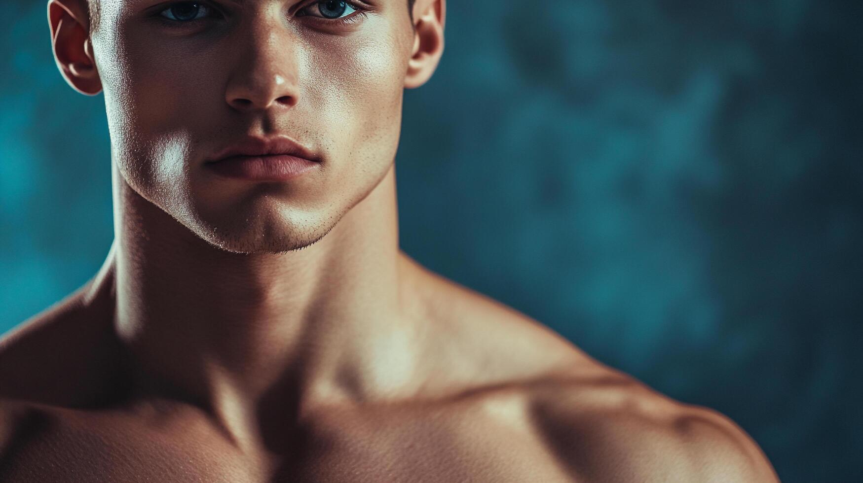 Striking portrait of a handsome man with intense eyes and defined features, set against a deep blue background. Confidence radiates. photo