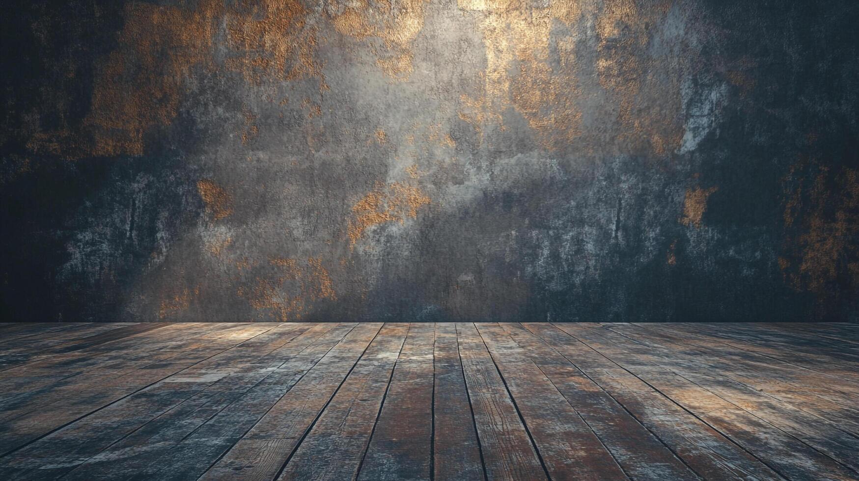 Abstract interior with an aged aesthetic, featuring a textured wall and wooden floor, ideal for creative backdrops and design concepts. photo