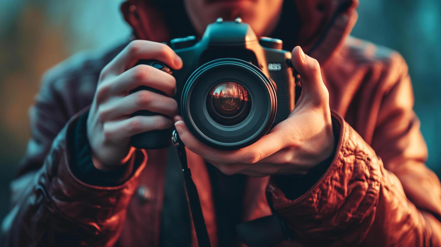 Photographer aims a camera lens at the viewer, capturing a vivid moment with blurred colors and focus on photographic gear. photo