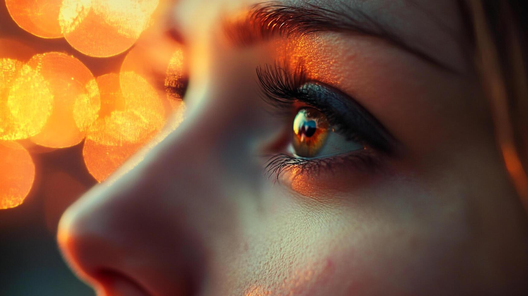 Close-up of a woman's face gazing upwards, illuminated by warm golden light and bokeh, highlighting her eye and eyelashes. Beauty shot photo