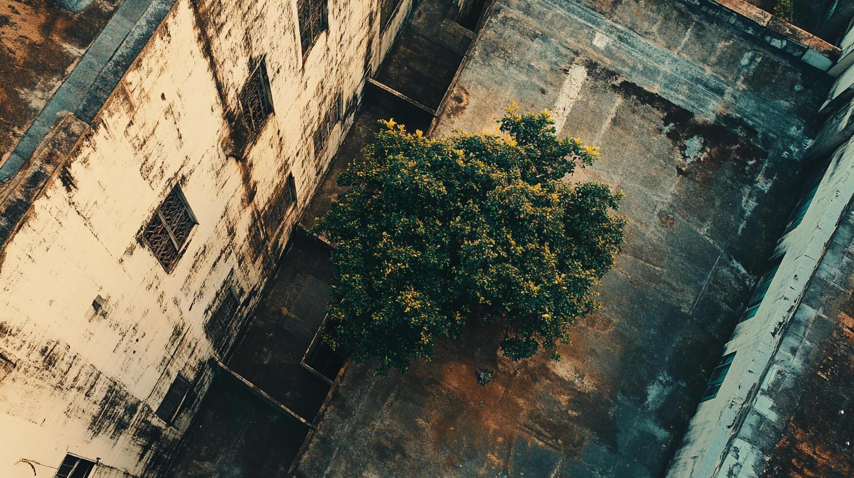 Aerial view of a tree growing in a concrete courtyard, surrounded by aged buildings with window grates on an overcast day. photo