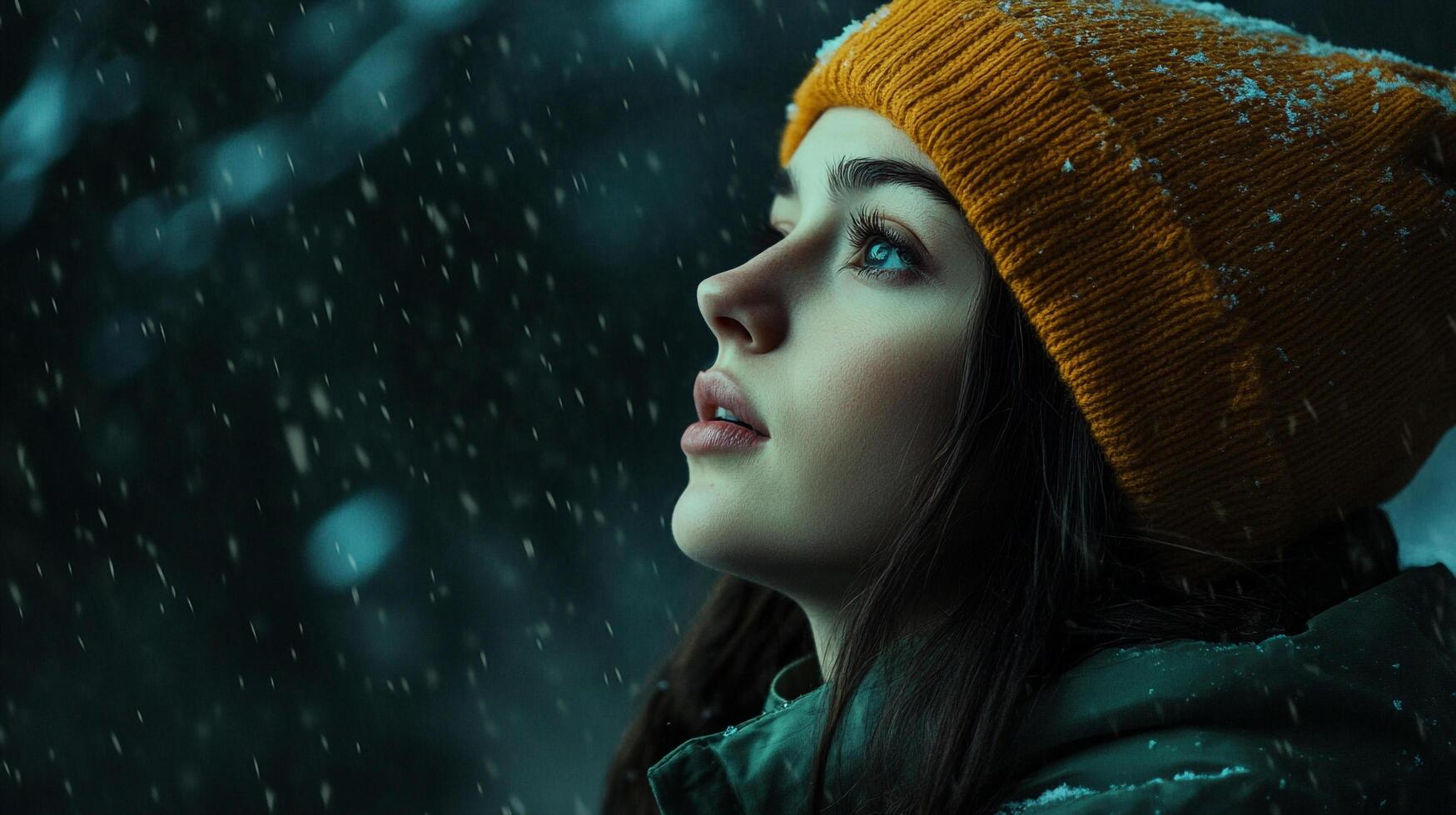 A young woman with a knit cap gazes upwards as snow gently falls, a tranquil moment in a serene, wintery scene. photo
