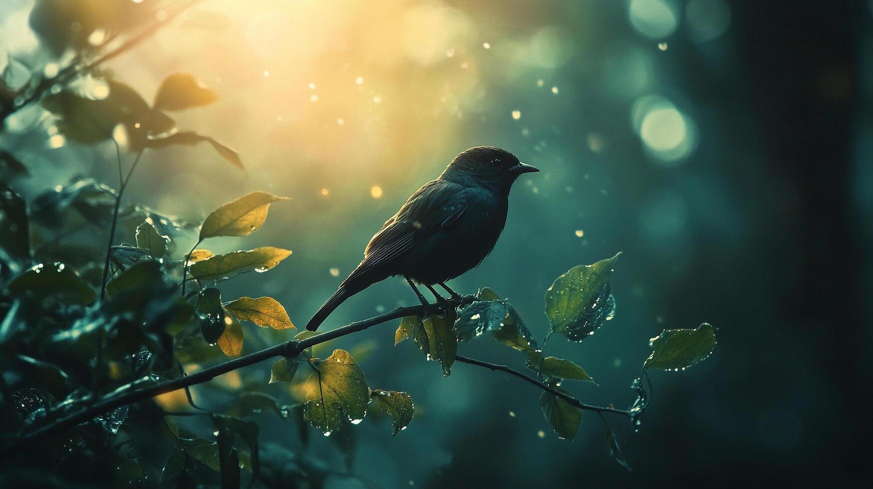 A little bird perches on a wet branch, backlit by sunlight, creating a tranquil, dreamy, and naturalistic composition. photo