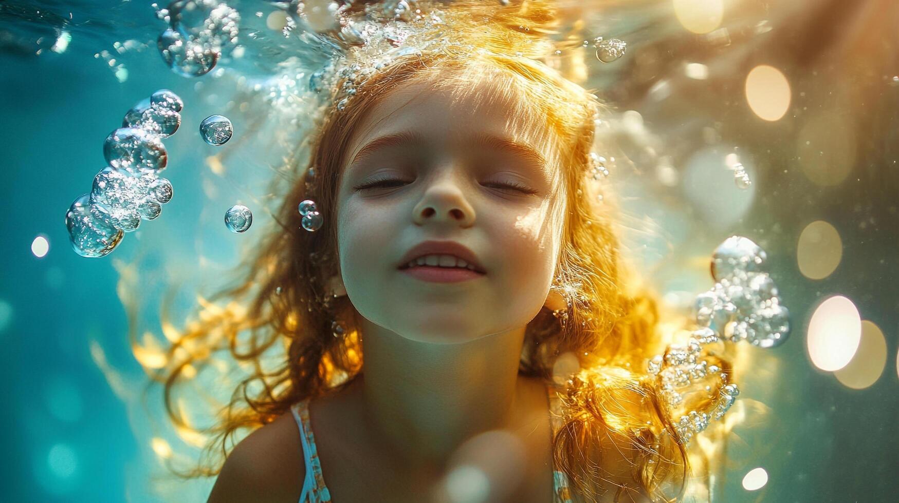 Girl serenely floats underwater amidst bubbles, creating a tranquil and magical scene. photo