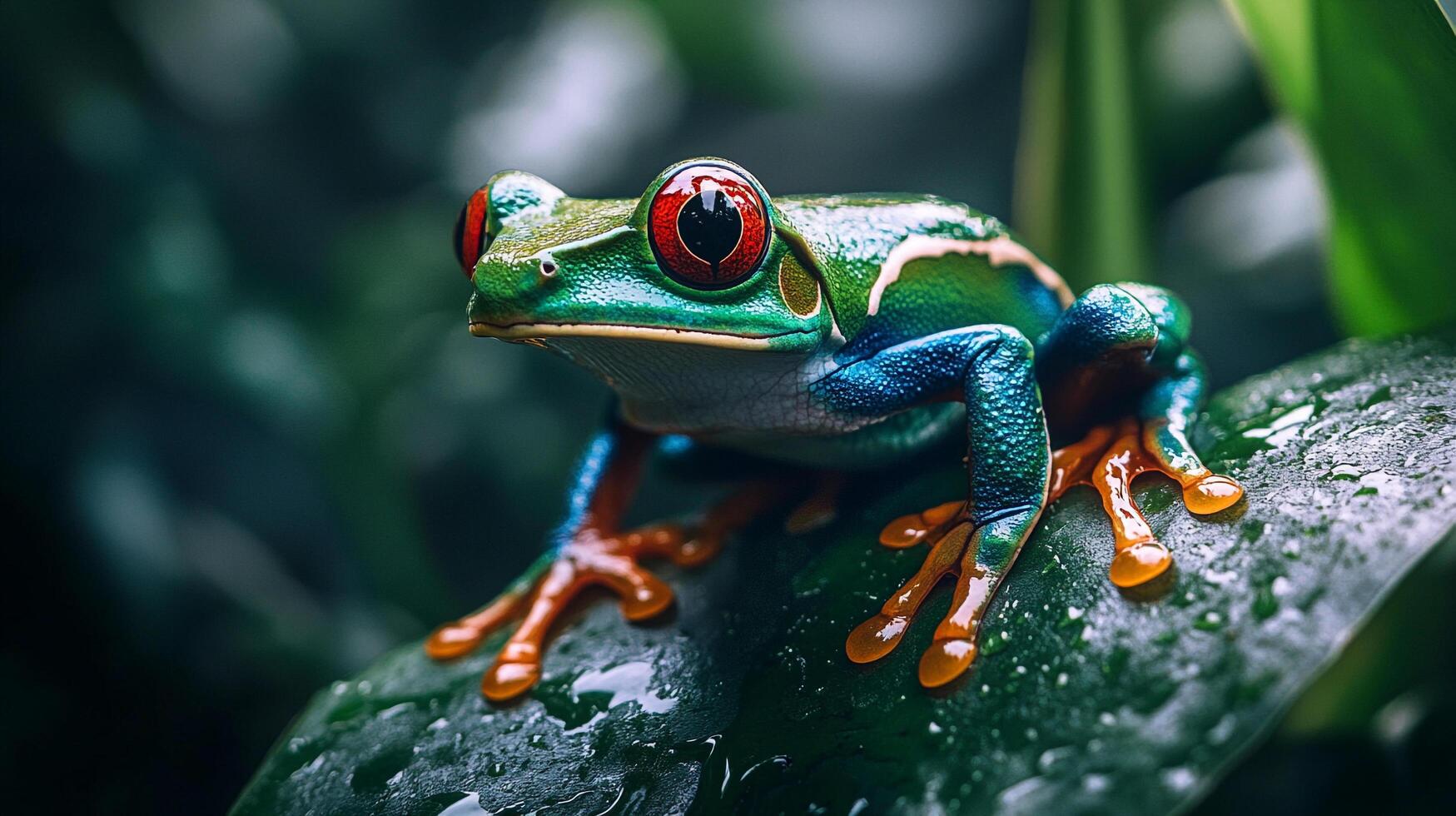 A vibrant red-eyed tree frog sits perched on a large, dewy green leaf against a blurred background of lush rainforest foliage. photo