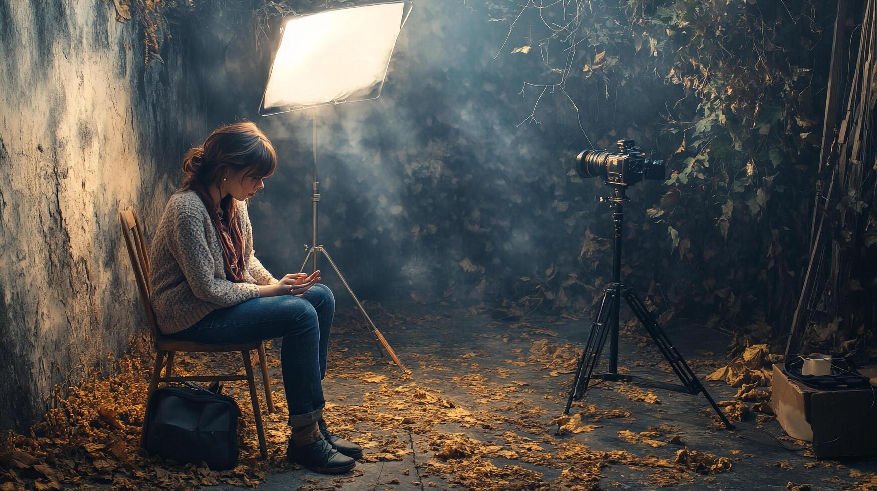 Woman sitting on set, camera facing her, light positioned, waiting in autumn scene with studio equipment for photoshoot to begin. photo