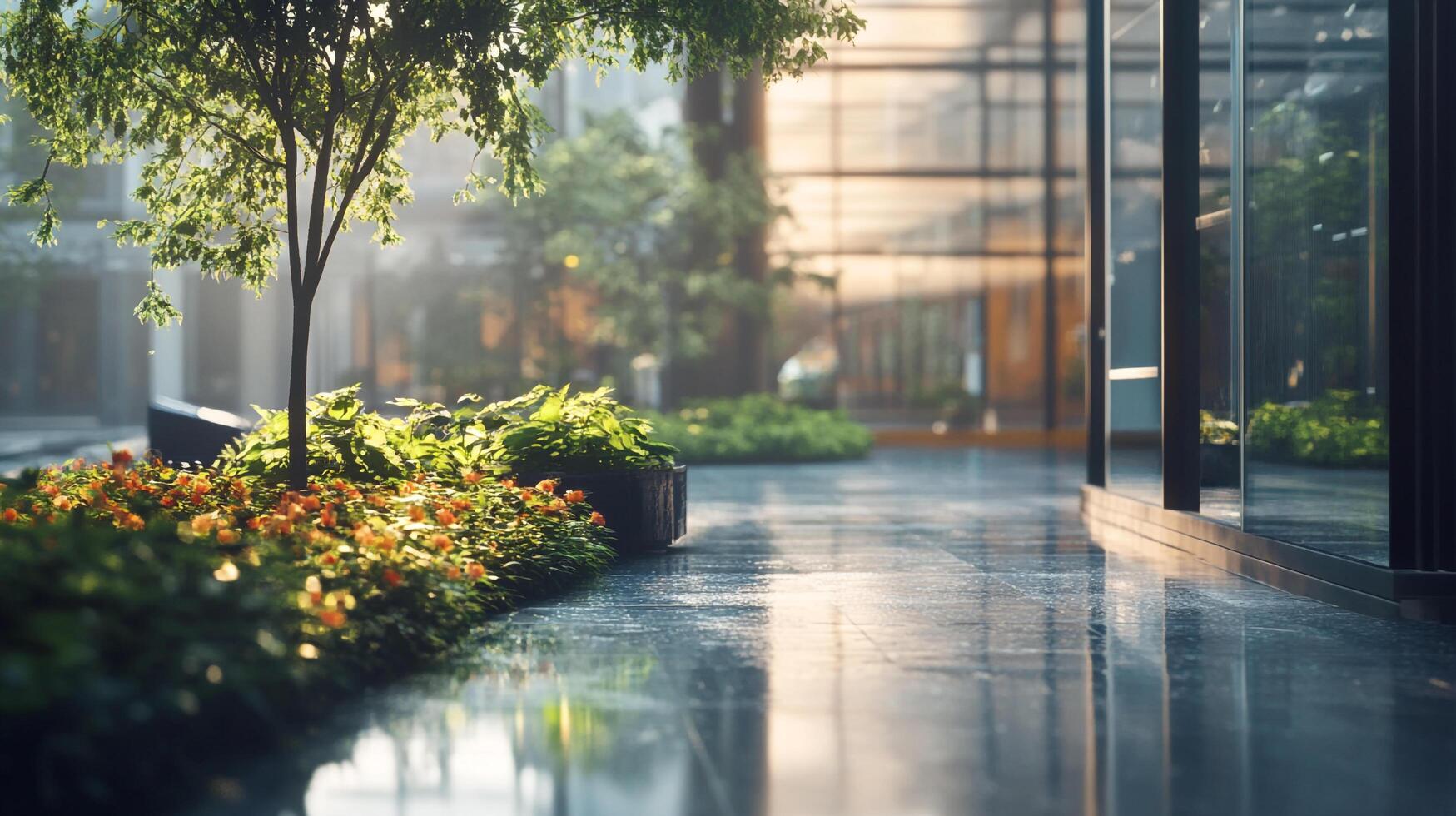 Modern architectural design integrates nature with sleek urban elements, creating a peaceful, reflective, and harmonious outdoor space. photo