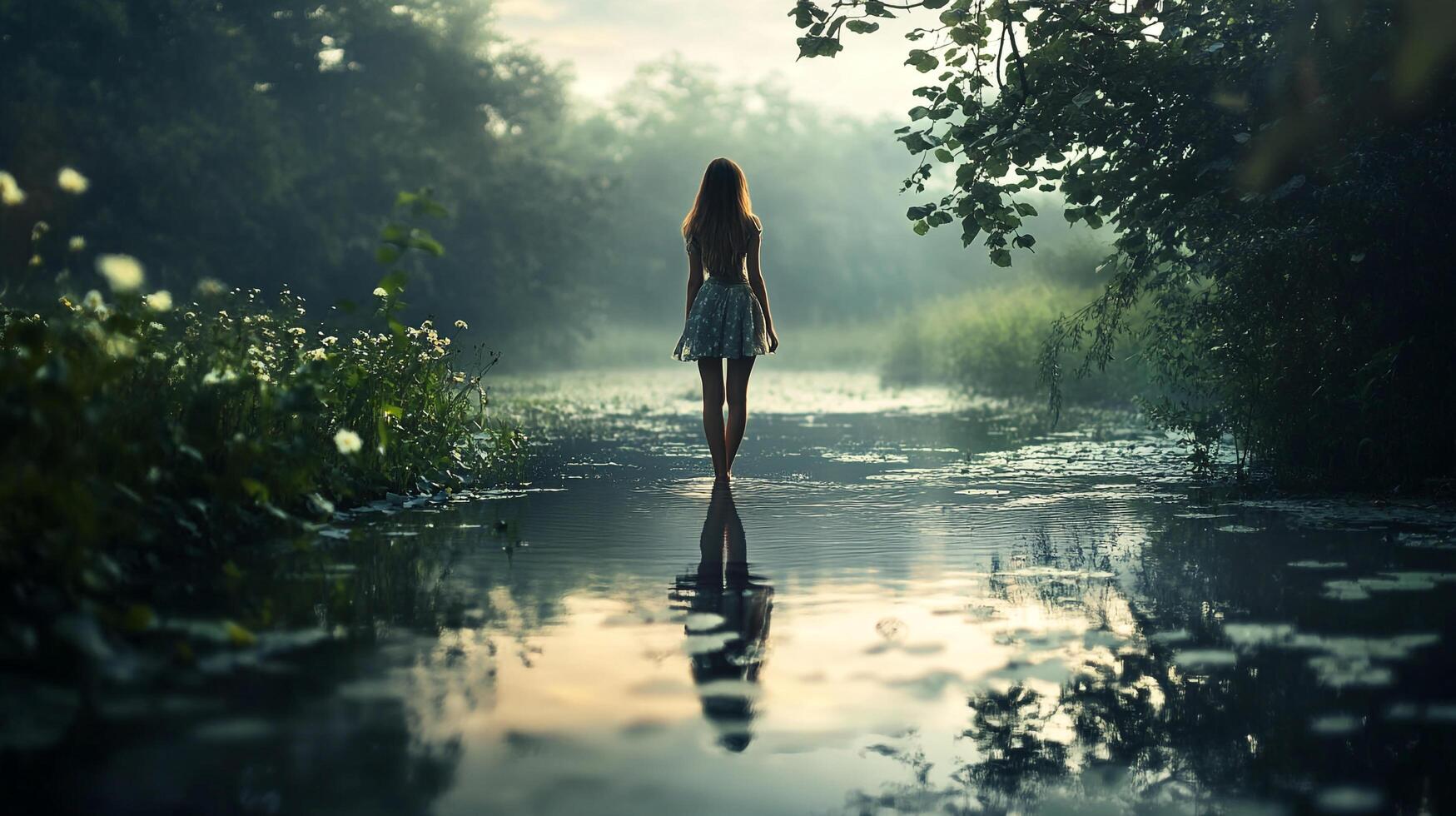 A woman in a dress walks through a serene, shallow body of water, reflecting the sky and trees in a misty, dreamlike scene. photo