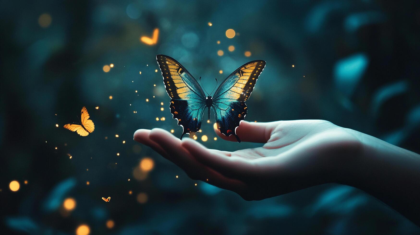 A colorful butterfly rests gently on a hand, surrounded by magical glowing specks, symbolizing transformation, beauty, and gentle touch. photo