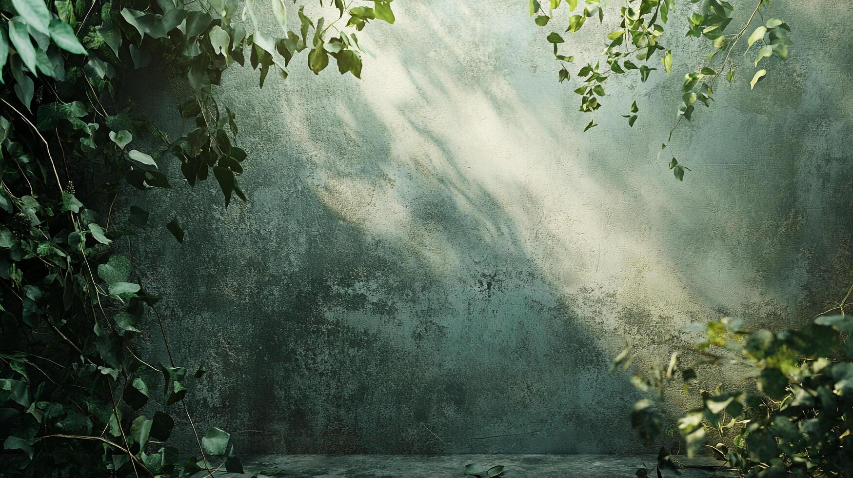 A green textured wall is partially covered with leaves. A ray of sunlight falls on the wall and casts shadows on the surface. photo