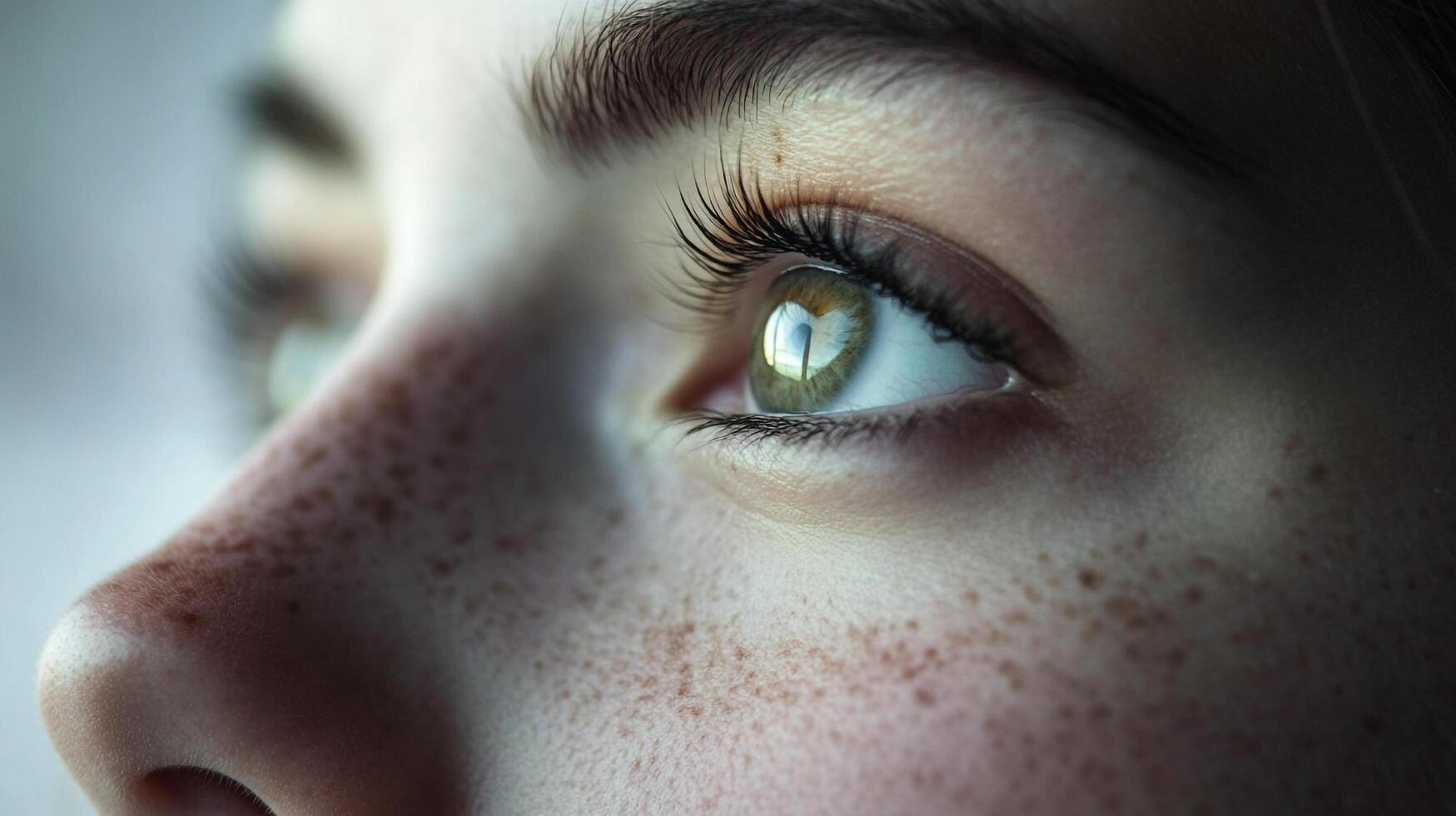 Close-up of a face focusing on the eye and showing the skin's texture and freckles, capturing detail and depth with soft lighting. photo
