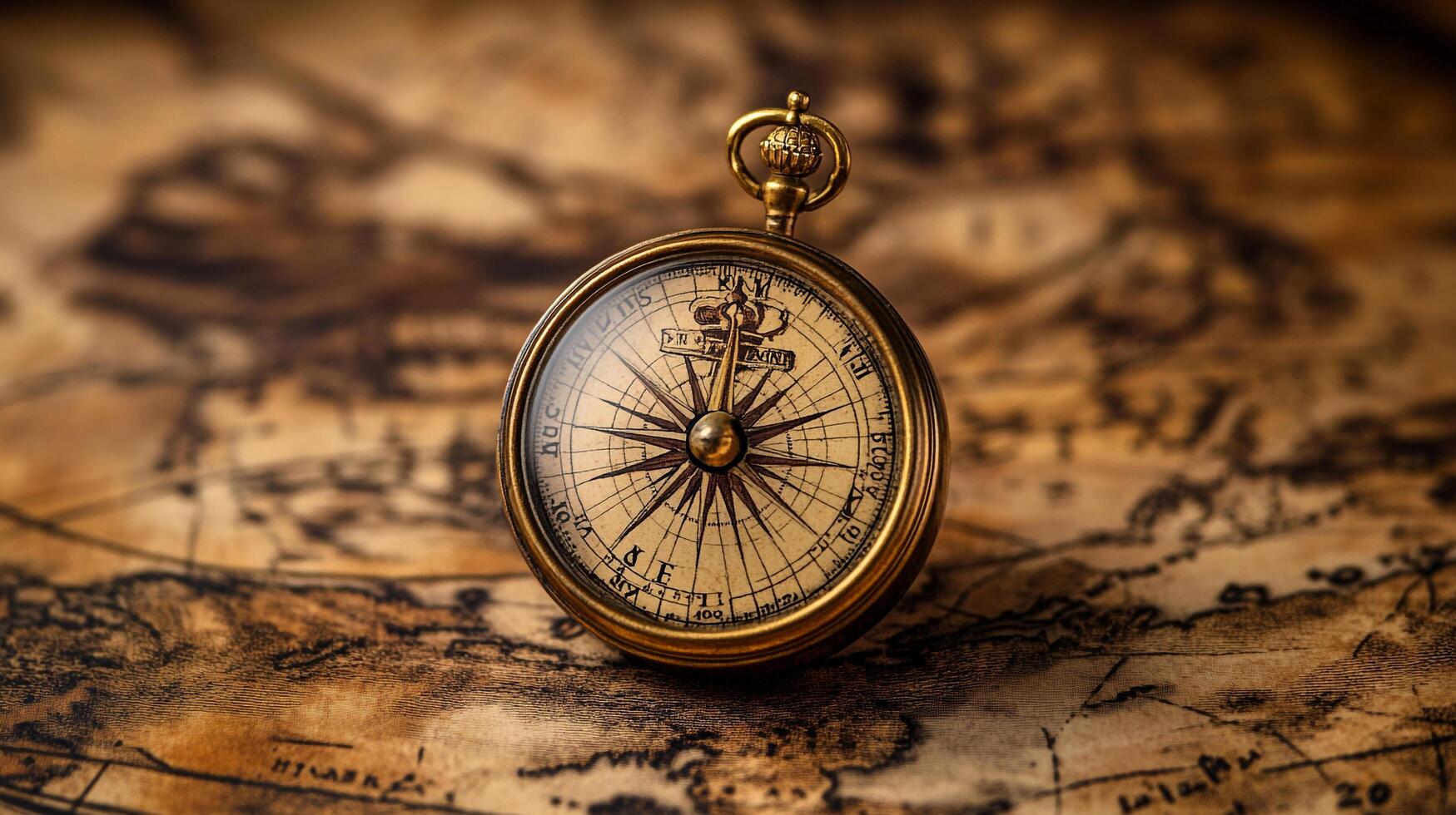 Vintage compass resting on an antique map, evoking exploration and discovery. A timeless symbol of navigation and journey. photo