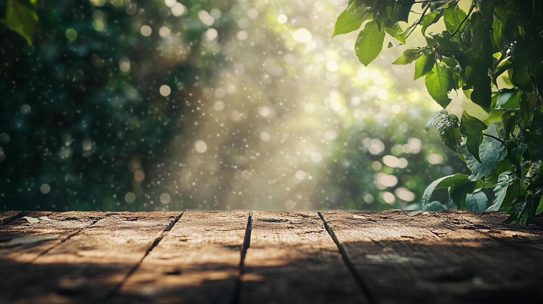 Rustic wooden planks amidst lush greenery, dappled sunlight filters through leaves creating bokeh. A serene natural scene. photo