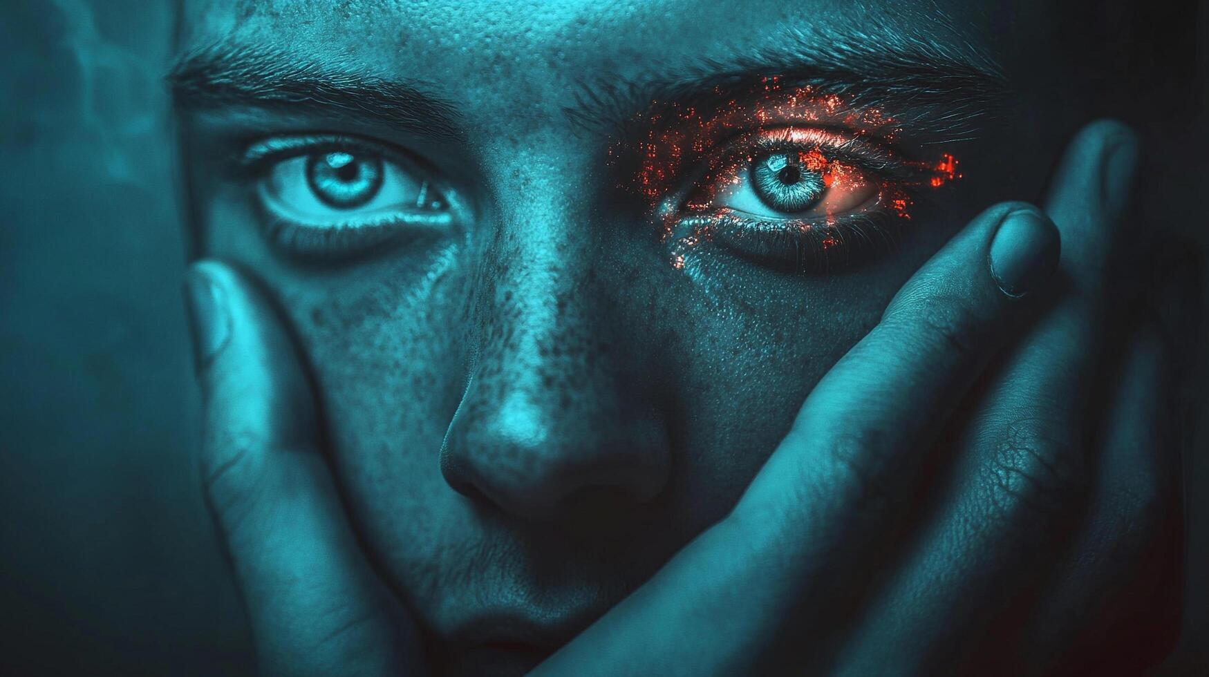 Intense close-up of face with hand, bathed in blue light. Eye with orange specks creates contrast, adding mystery and intrigue. photo