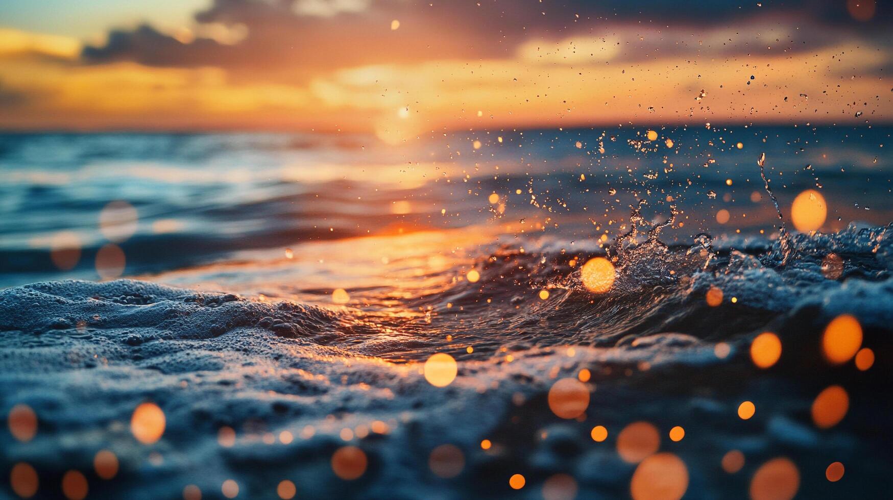 Waves crest under a golden sunset, water droplets suspended mid-air, reflecting light, creating a shimmering spectacle. Coastal serenity. photo