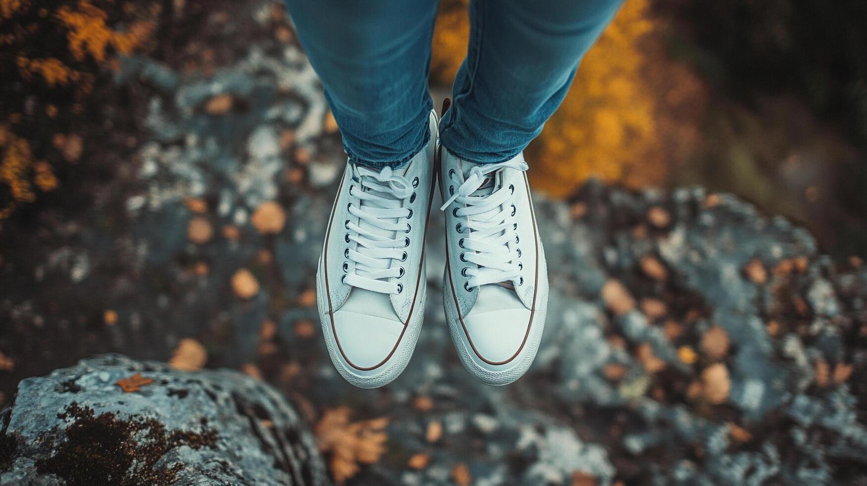 Standing on the edge, gazing at the autumn hues below. White sneakers and blue jeans complete the scene of natural beauty. photo