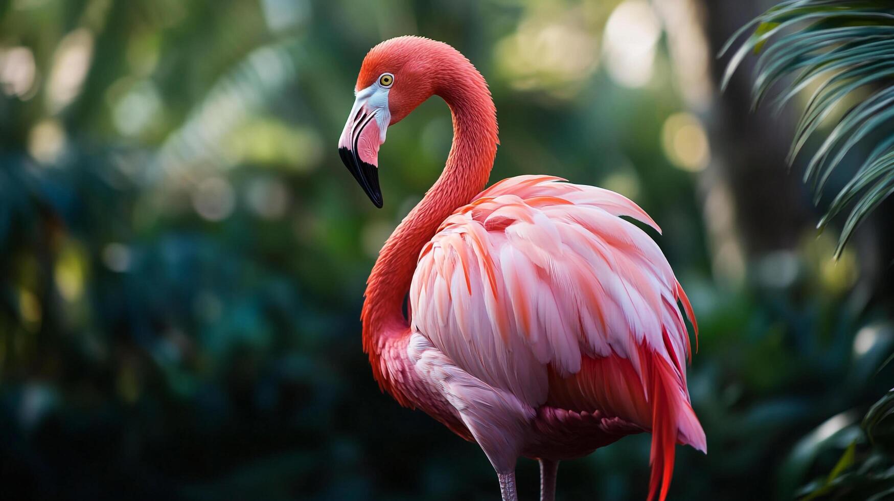 A striking flamingo stands tall amidst lush greenery, its vibrant pink feathers a vivid contrast against the verdant backdrop. photo