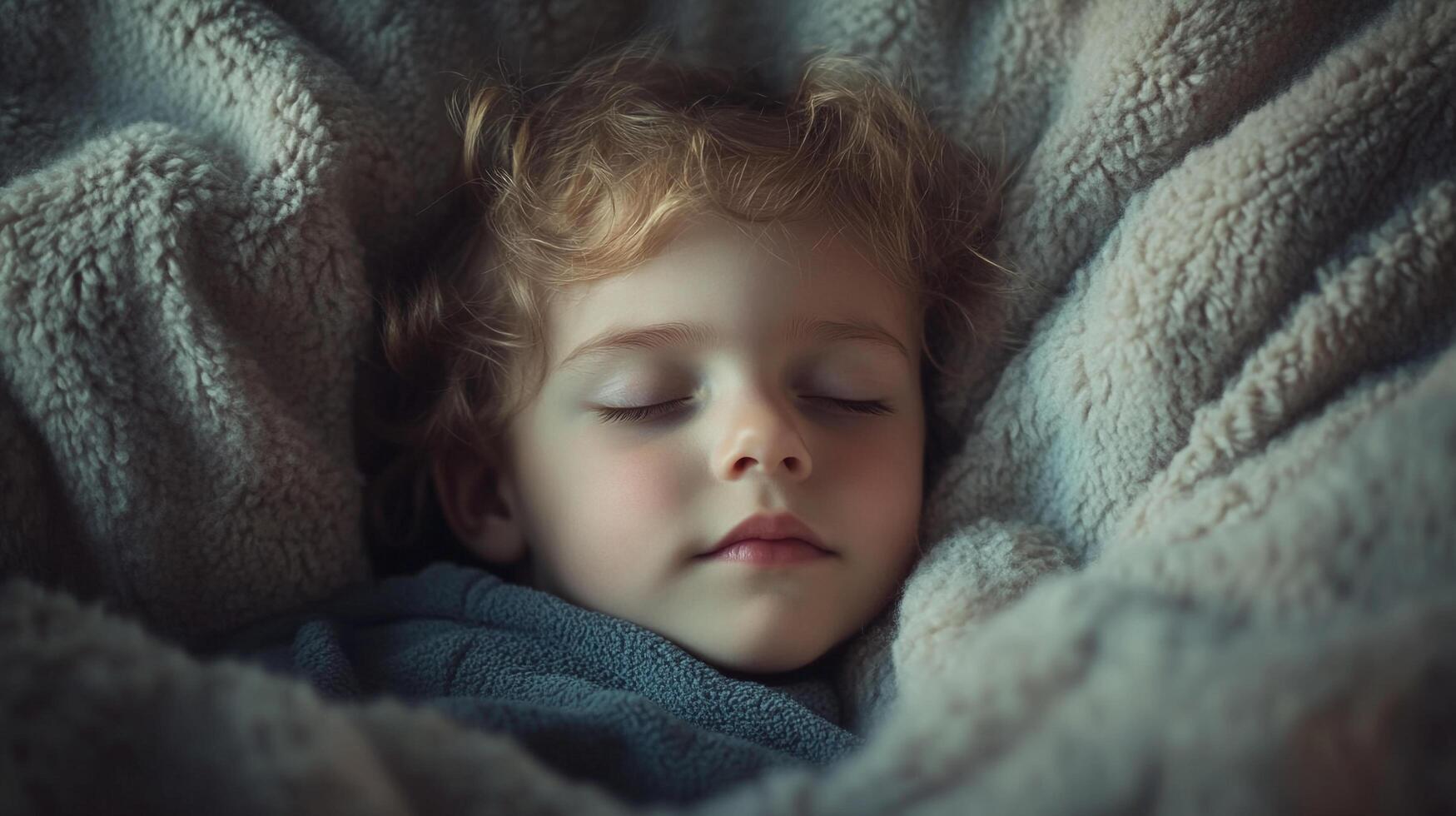 A serene child peacefully sleeps, enveloped in soft, warm blankets, creating a cozy and comforting scene of childhood innocence. photo